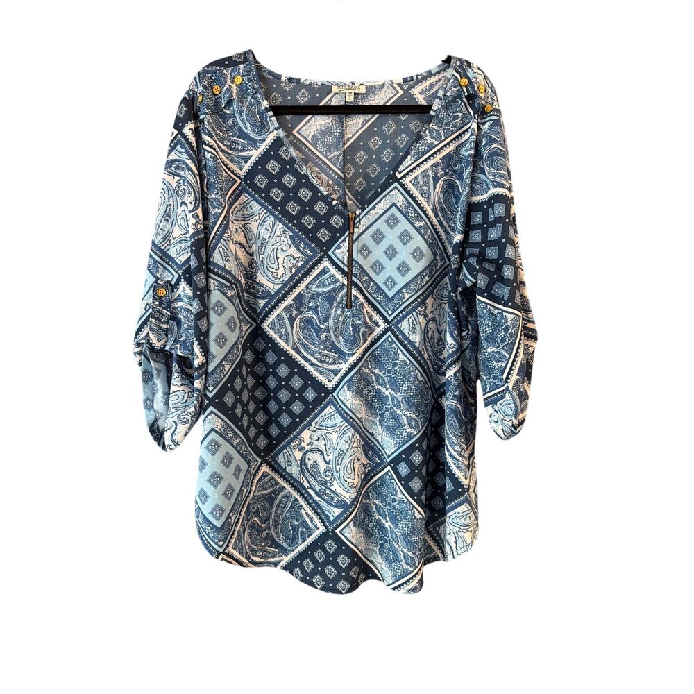 Mileage Women's Plus Size Blue & White Paisley Zip Front Blouse Size 3X